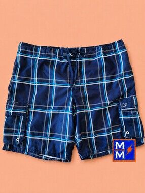 OP Navy Blue Plaid Men’s Swim Board Shorts. 3XL